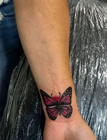 Black and Pink Butterfly Wrist Cover Up Tattoo