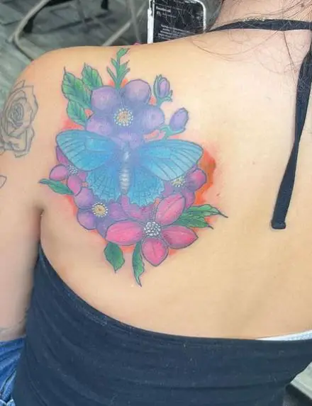 Blue Butterfly and Colorful Florals Back Tattoo