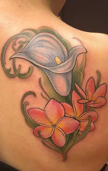 Blue Calla Lily and Plumeria Back Tattoo