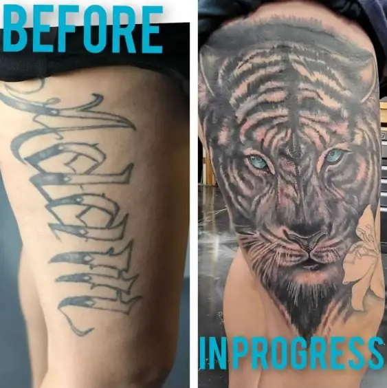Blue Eyed Tiger Cover Up Thigh Tattoo