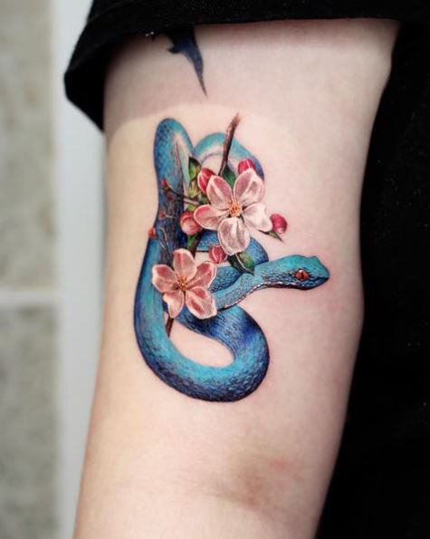 Blue Snake and Cherry Blossom Tattoo