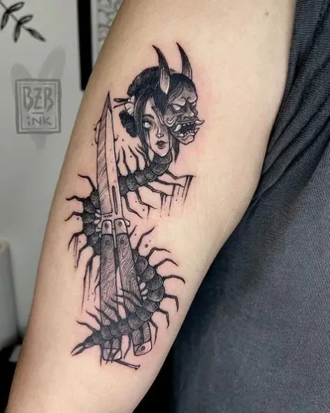 Butterfly Knife with Lady Face and Devil Face Centipede Tattoo