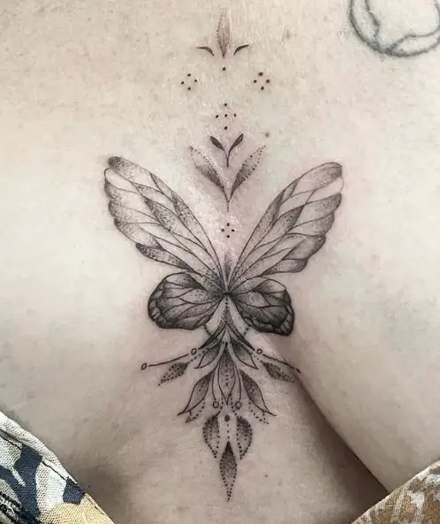 Butterfly and Leaves Sternum Tattoo