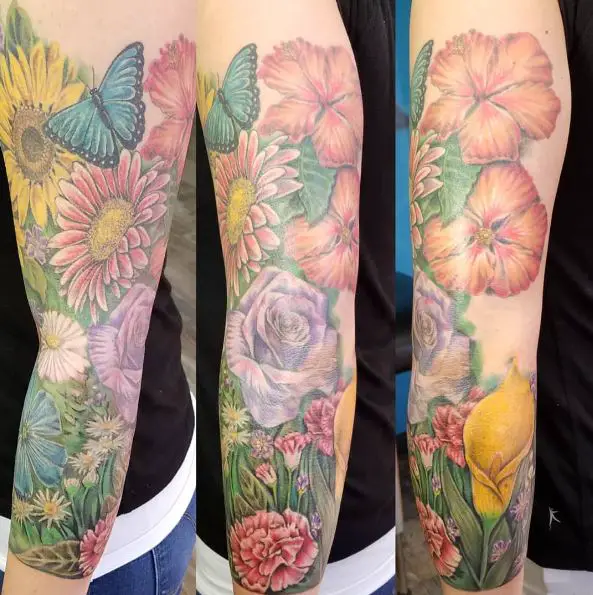 Colored Multiple Flowers Sleeve Tattoo