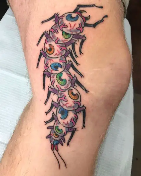 Colorful Eye Ball Centipede Tattoo