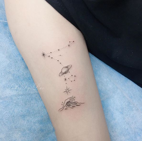 Constellation, Saturn, Star and Wave Arm Tattoo