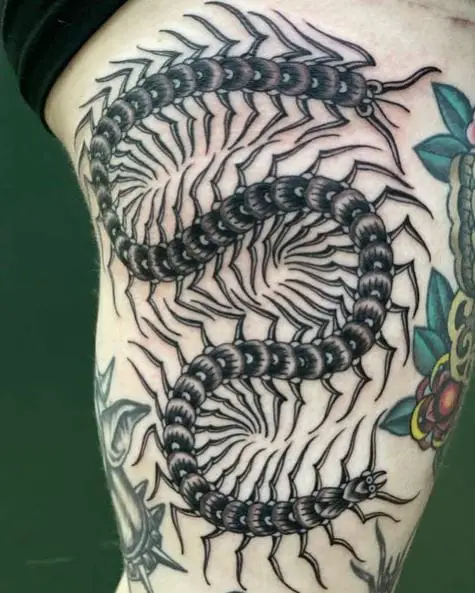 Curvy Centipede Thigh Tattoo