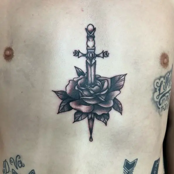 Dagger Rose Sternum Tattoo
