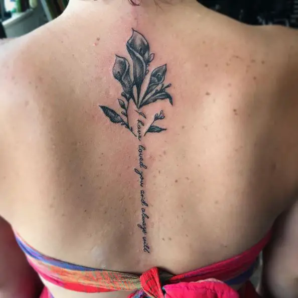Dark Grey Calla Lily Lettering Tattoo