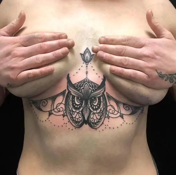 Dark Grey Decorative Owl Sternum Tattoo