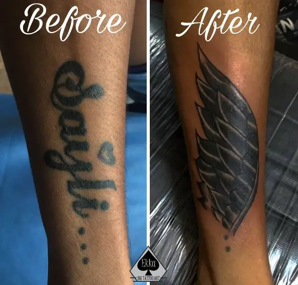 Dark Grey Feather Wings Tattoo