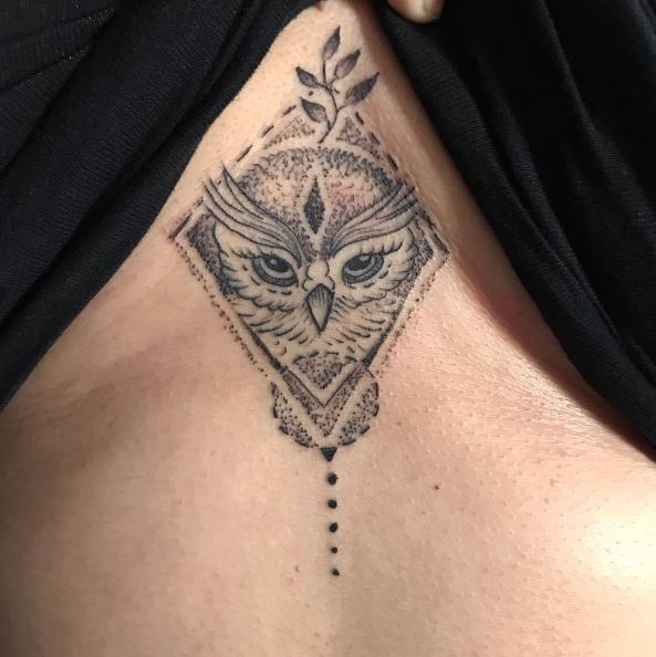 Dotwork Owl Face Sternum Tattoo