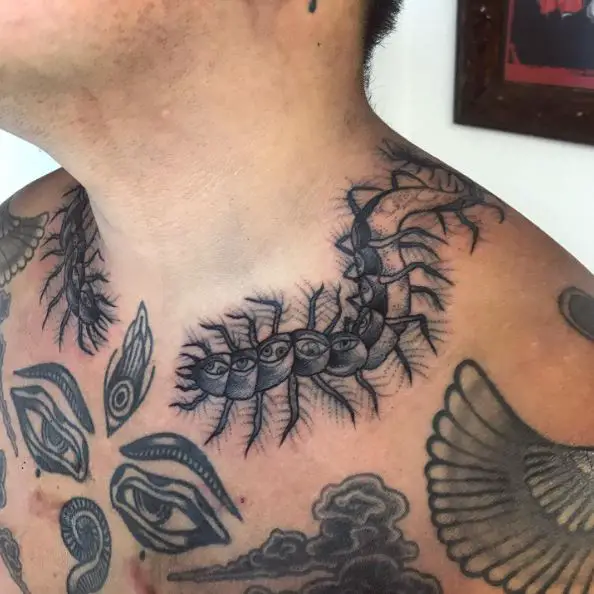 Eye Ball Centipede Neck Tattoo