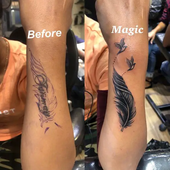 Feather with Twin Flying Birds Cover Up Tattoo