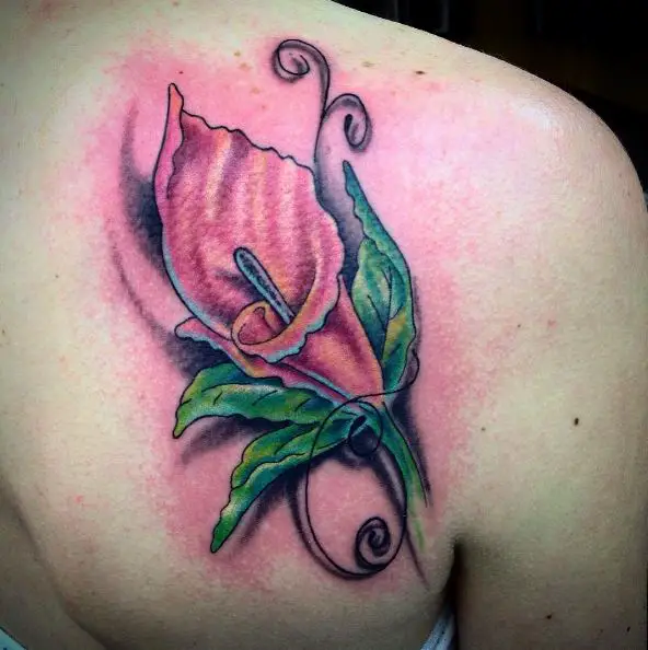 Flashy Pink and Green Water Color Calla Lily Back Tattoo