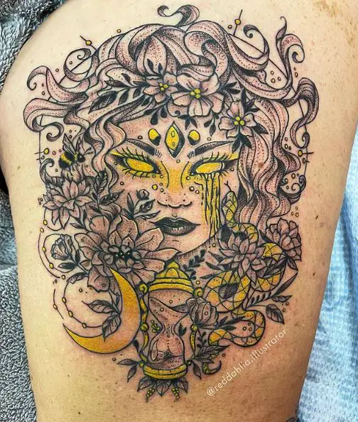 Floral Medusa Thigh Tattoo Piece
