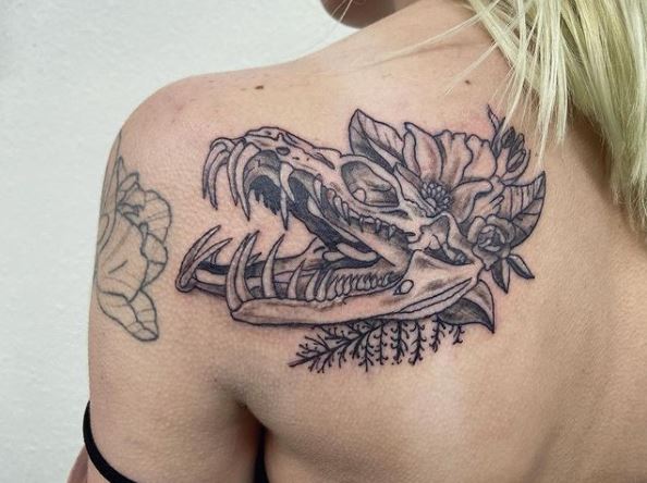 Floral Snake Skull Head Tattoo