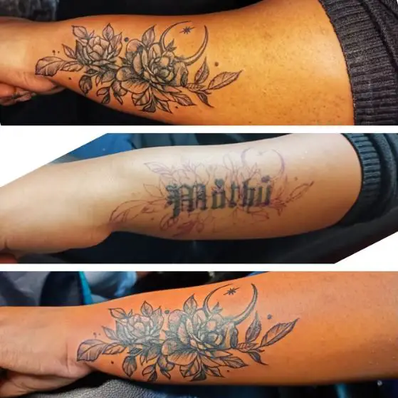 Flowers, Moon, and Star Forearm Cover Up Tattoo