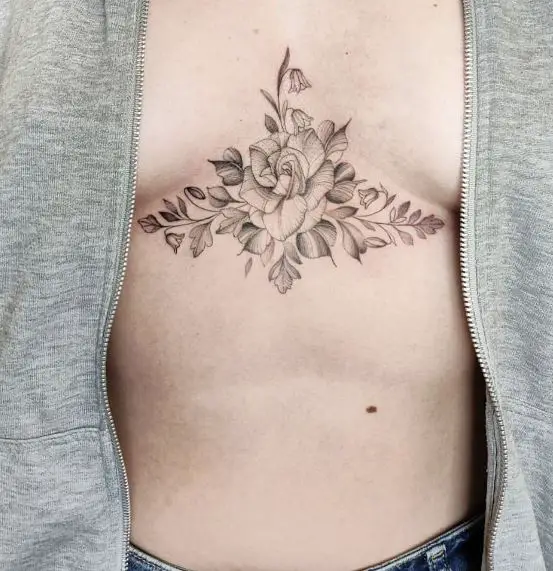 Flowers and Leaves Sternum Tattoo