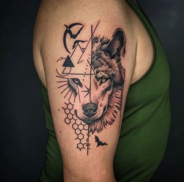 Geometric Wolf Face Arm Tattoo