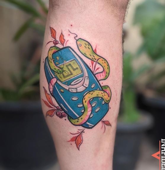 Green Snake and Blue Mobile Phone Tattoo