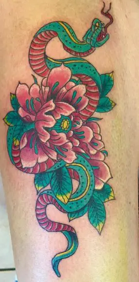 Green Snake and Pink Flowers Tattoo