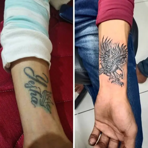 Grey Eagle Name Cover Up Wrist Tattoo