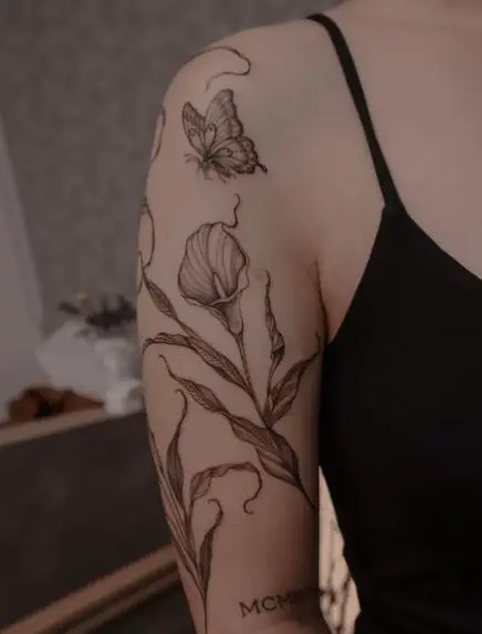 Grey Ink Calla Lily Arm Tattoo