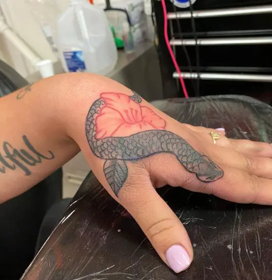Grey Snake and Red Flower Hand Tattoo