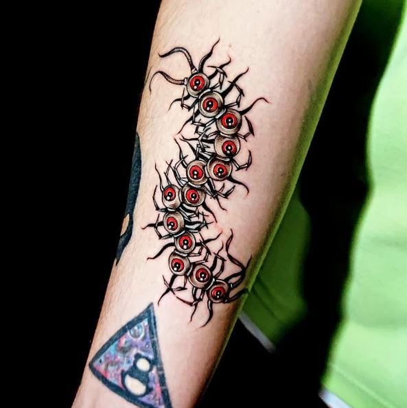 Grey and Red Eye Ball Centipede Tattoo