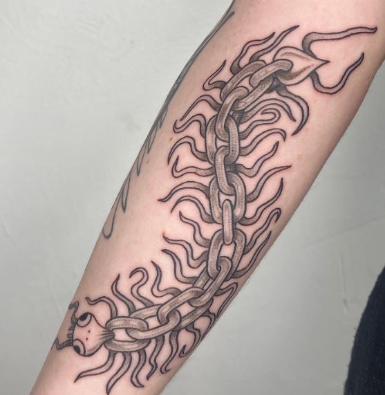 Greyish Centipede Chain Forearm Tattoo