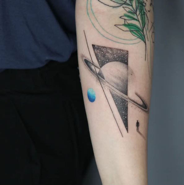 Greyish Saturn and Geometric Forearm Tattoo