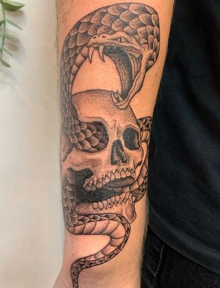 Greyish Skull and Snake Tattoo
