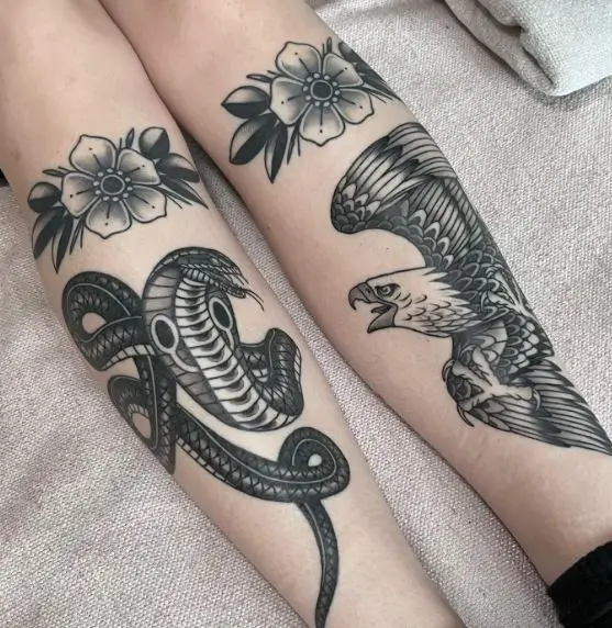 Greyscale Cobra and Eagle Leg Tattoo