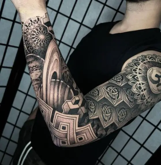 Greyscale Geometric Saturn Full Sleeve Tattoo