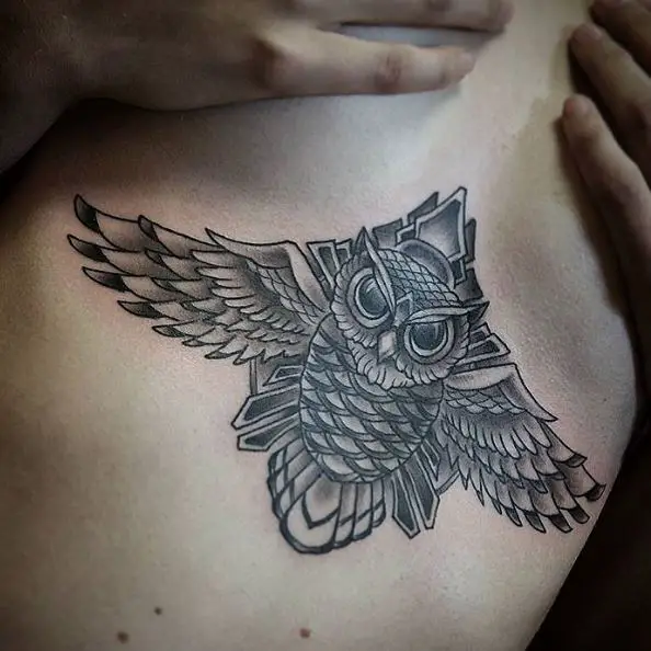 Greyscale Patterned Owl Sternum Tattoo