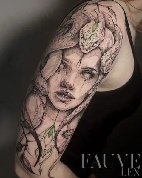 Greyscale Portrait Medusa Arm Tattoo