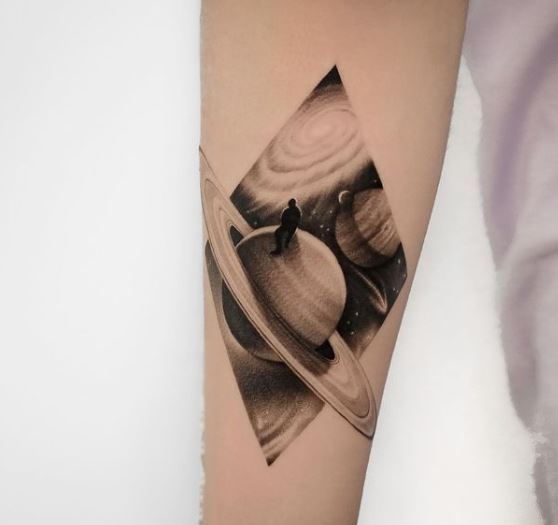 Greyscale Saturn Forearm Tattoo