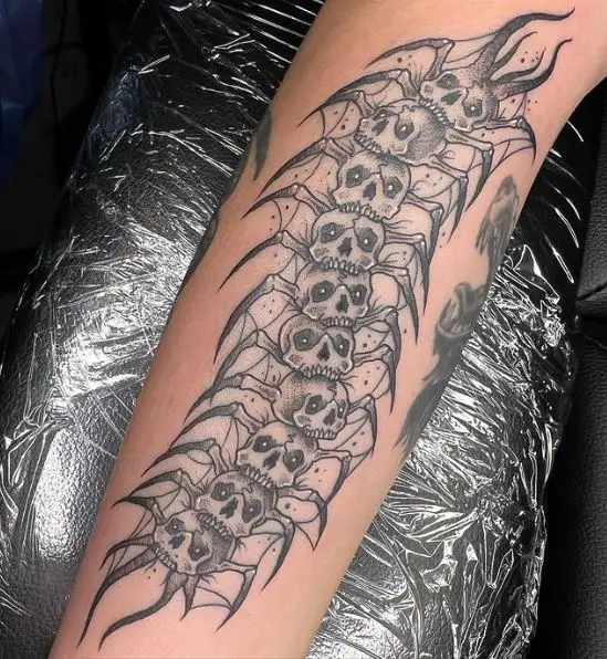 Greyscale Skull Centipede Tattoo