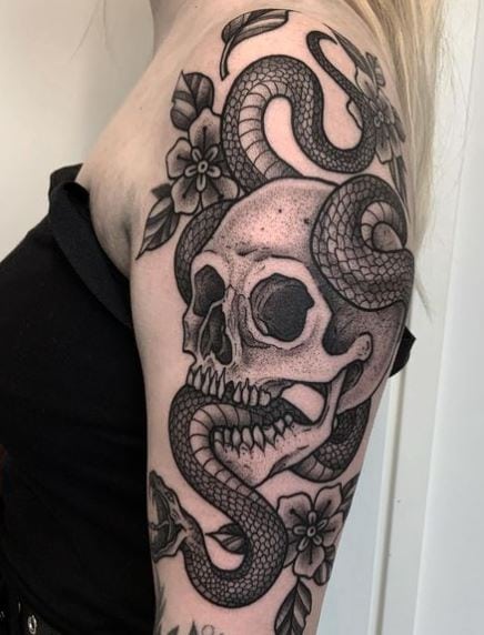 Greyscale Snake and Human Skull Arm Tattoo