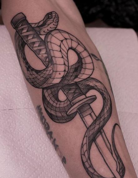 Greyscale Snake and Knife Tattoo