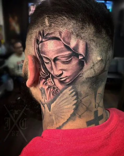 Greywash Religious Head Tattoo