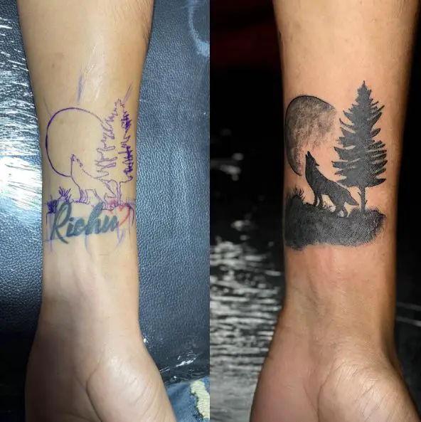 Howling Fox and Forest Wrist Cover Up Tattoo