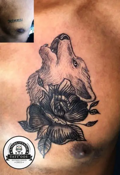 Howling Wolf and Flower Cover Up Tattoo