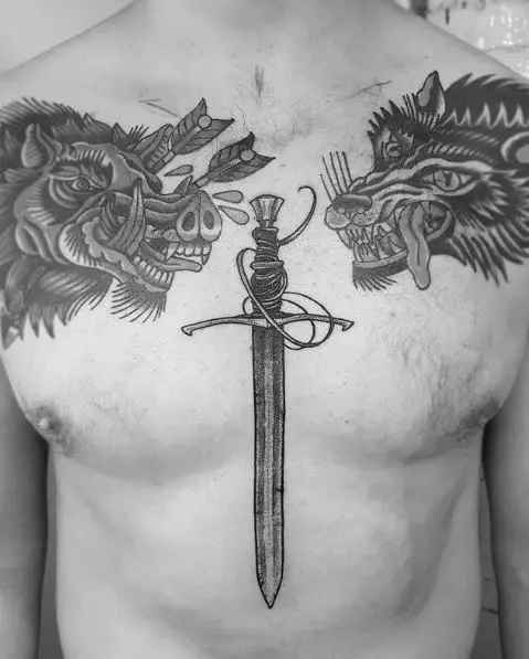Long Dagger Sternum Tattoo
