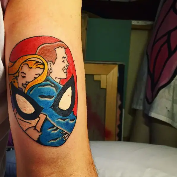 Multicolored Mom and Dad Portrait Spiderman Mask Tattoo