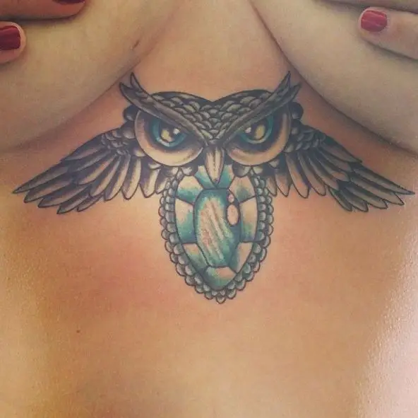 Owl and Crystal Stone Sternum Tattoo