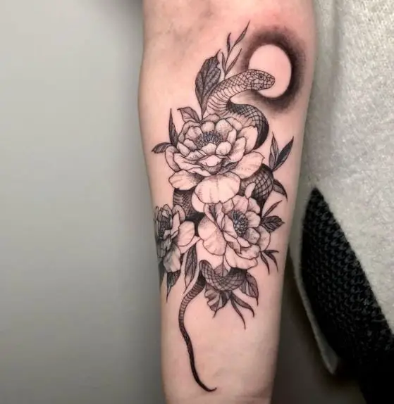 Peony Flowers and Snake Tattoo
