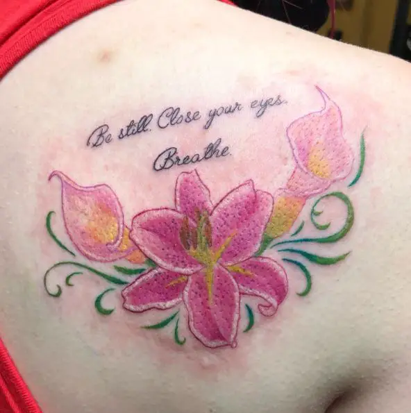 Pink and Green Lily and Calla Lily Back Tattoo