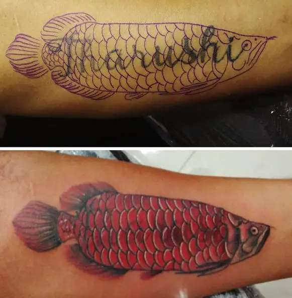Red Fish Name Cover Up Tattoo